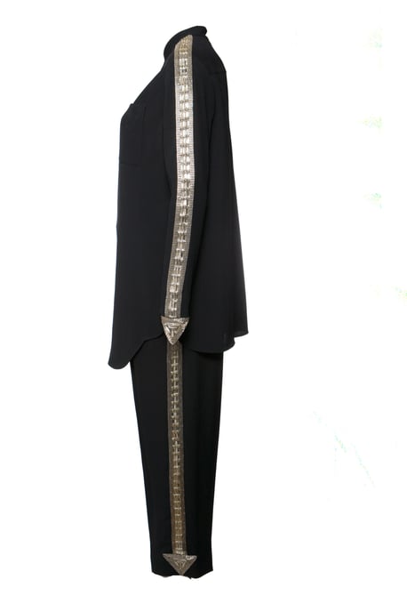 Chloe, Dark blue trousers (36/XS) and blouse (38/S) with silver embroidery along the sleeves and legs. - Image 3
