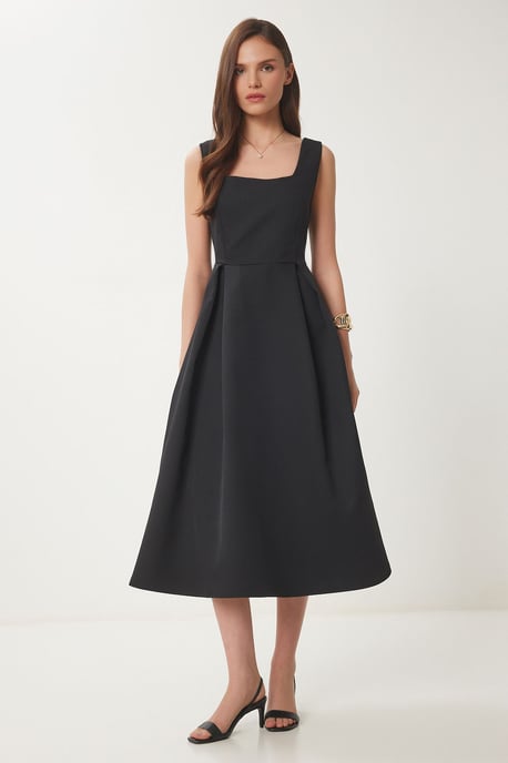 Vierkante Kraag A-Vorm Midi Jurk met Ritssluiting - Image 1
