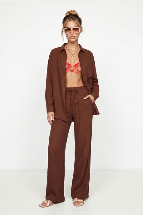 Hoge Taille Brede Pijpen Twee-Delig Co-ord Set met Kraag - Image 1