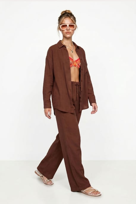 Hoge Taille Brede Pijpen Twee-Delig Co-ord Set met Kraag - Image 3