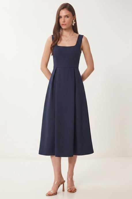 Vierkante Kraag A-Vorm Midi Jurk met Ritssluiting - Image 2