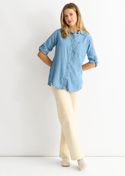 Overhemd met stippenprint in blauwe denim-look - Image 1