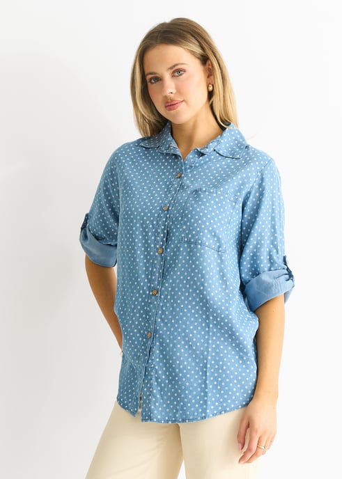 Overhemd met stippenprint in blauwe denim-look - Image 2