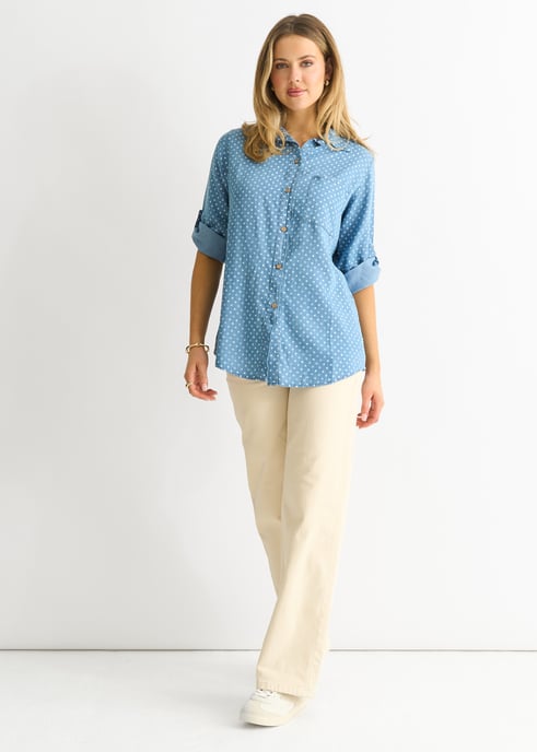 Overhemd met stippenprint in blauwe denim-look - Image 3