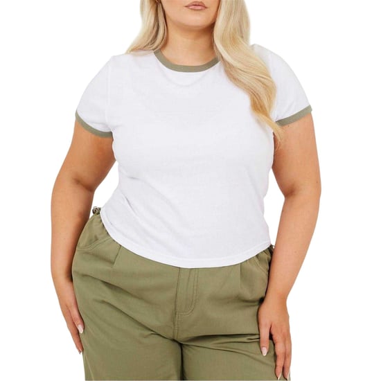 Brave Soul Dames/Dames Ringer Crew Hals Plus T-shirt (Wit/Kaki) - Image 2