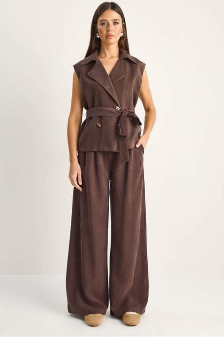Hoge Taille Wijde Pijpen Co-ord Set met Sjaalkraag - Image 1