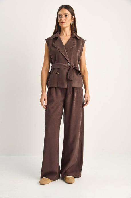 Hoge Taille Wijde Pijpen Co-ord Set met Sjaalkraag - Image 2