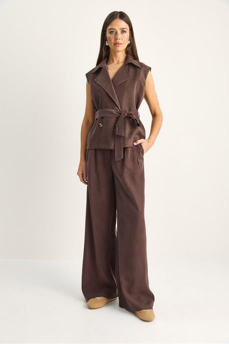 Hoge Taille Wijde Pijpen Co-ord Set met Sjaalkraag - Image 3