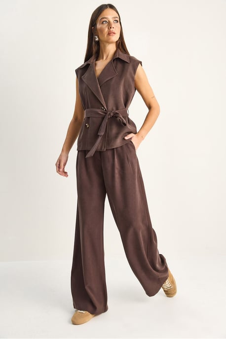 Hoge Taille Wijde Pijpen Co-ord Set met Sjaalkraag - Image 4