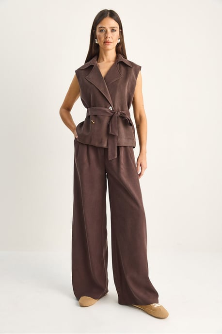 Hoge Taille Wijde Pijpen Co-ord Set met Sjaalkraag - Image 5