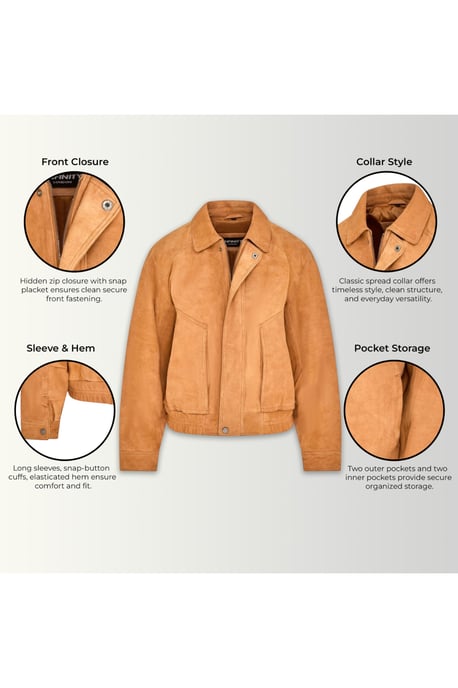 Dames beige leren Biker Blouson Bomber Oversized Jas - Moon - Image 4