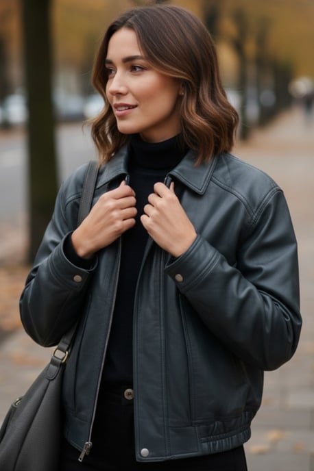 Dames marineblauw leren Biker Blouson Bomber Oversized Jas - Moon - Image 1