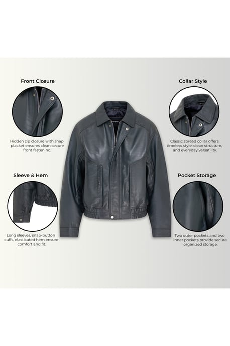 Dames marineblauw leren Biker Blouson Bomber Oversized Jas - Moon - Image 4