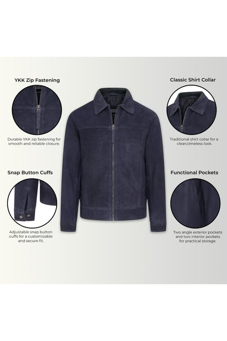 Heren Navy Geit Suède Leren Harrington Biker Jas - Rug - Image 4