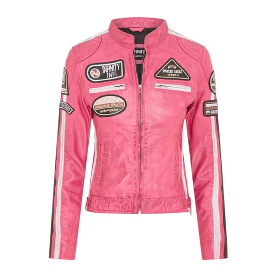Dames Biker Racing Badges Fuchsia-leren jas-Eastleigh - Image 1