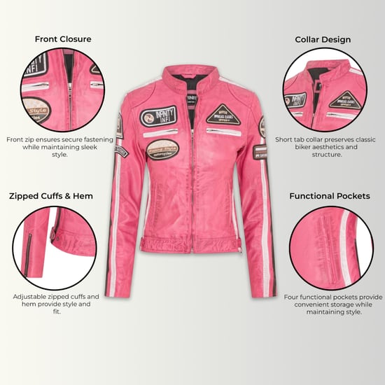 Dames Biker Racing Badges Fuchsia-leren jas-Eastleigh - Image 2