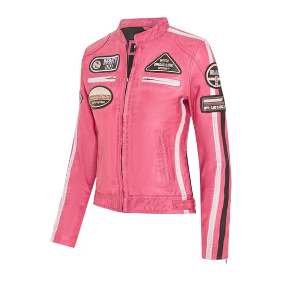 Dames Biker Racing Badges Fuchsia-leren jas-Eastleigh - Image 3