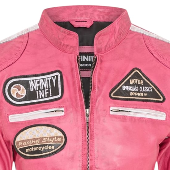 Dames Biker Racing Badges Fuchsia-leren jas-Eastleigh - Image 5