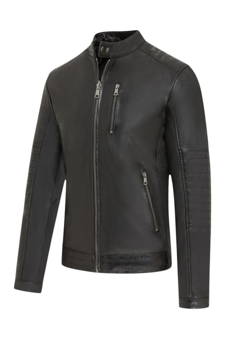 Heren gewatteerde zwarte lamsleren Biker Jas - Raven - Image 3