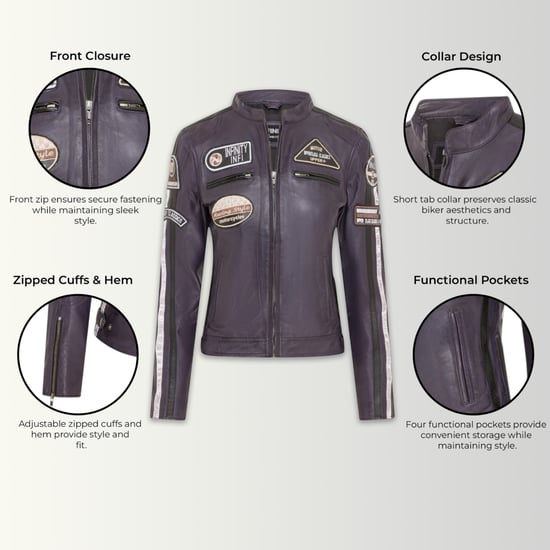 Dames Biker Racing Badges Paarse Leren Jas-Eastleigh - Image 2