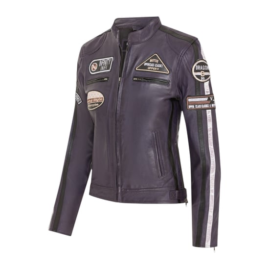 Dames Biker Racing Badges Paarse Leren Jas-Eastleigh - Image 3
