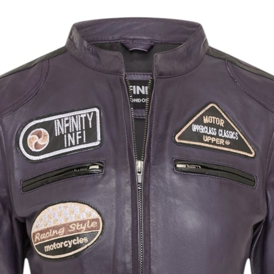 Dames Biker Racing Badges Paarse Leren Jas-Eastleigh - Image 5