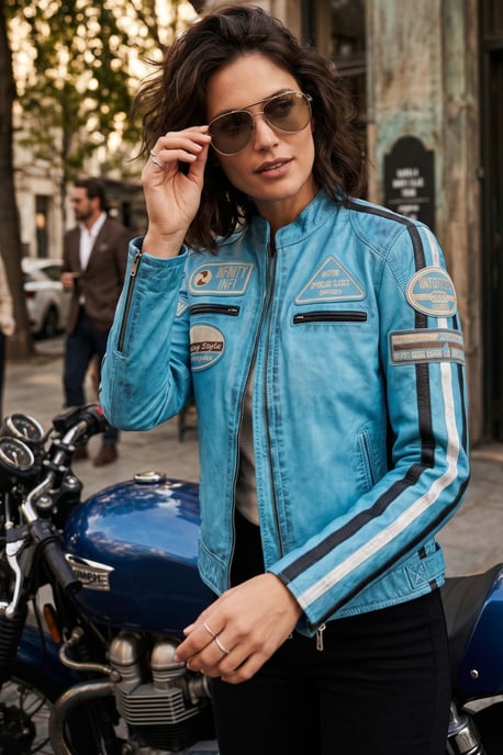 Dames Biker Racing Badges Blauw Leren Jas-Esdoorn - Image 1