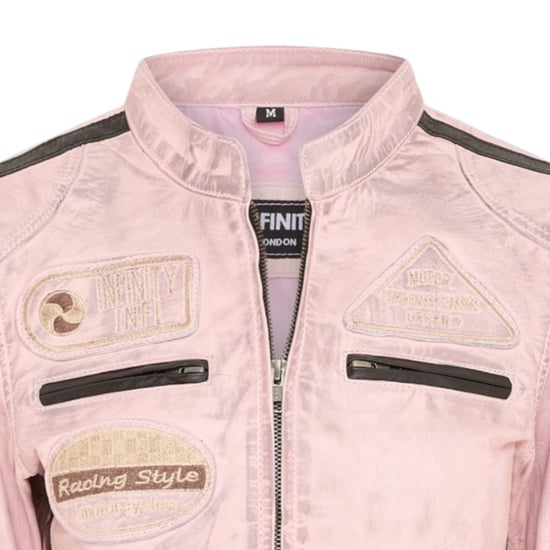 Dames Biker Racing Badges Roze Leren Jas-Eastleigh - Image 5