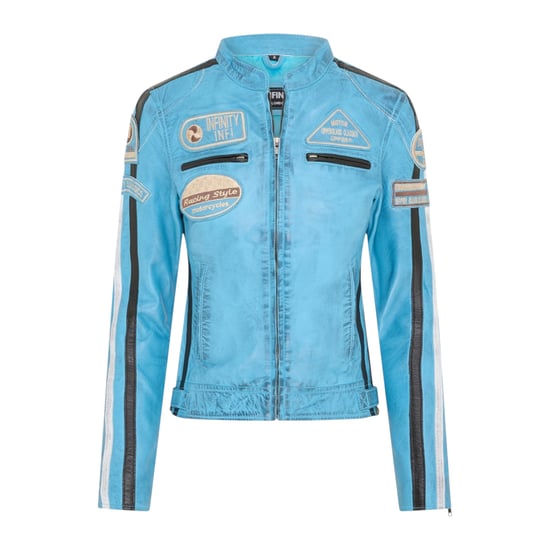 Dames Biker Racing Badges Blauw Leren Jasje-Eastleigh - Image 1
