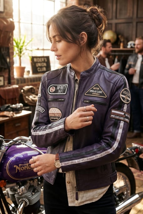 Dames Biker Racing Badges Paarse Leren Jas-Esdoorn - Image 1