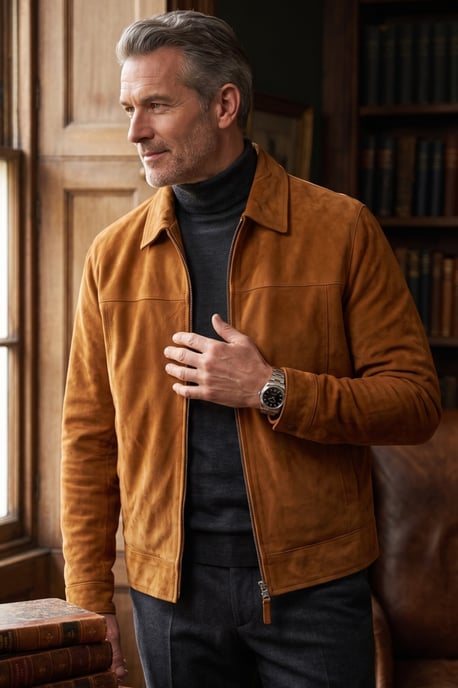 Heren beige geitensuède leren Harrington-motorjas - Ridge - Image 1