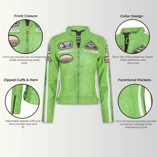 Dames Biker Racing Badges Groene Leren Jas-Eastleigh - Image 2