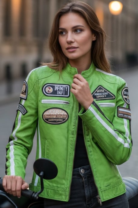 Dames Biker Racing Badges Groen Leren Jas-Esdoorn - Image 1