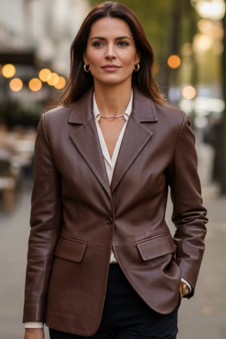 Dames Conker Brown Italiaanse leren blazerjasje-Eclipse - Image 1