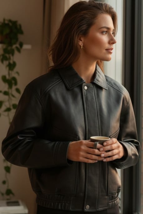 Dames zwarte leren Biker Blouson Bomber Oversized Jas - Moon - Image 1