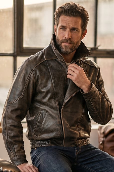 Heren Bruine Cow Leather Biker Blouson Jas - Bomber - Image 1