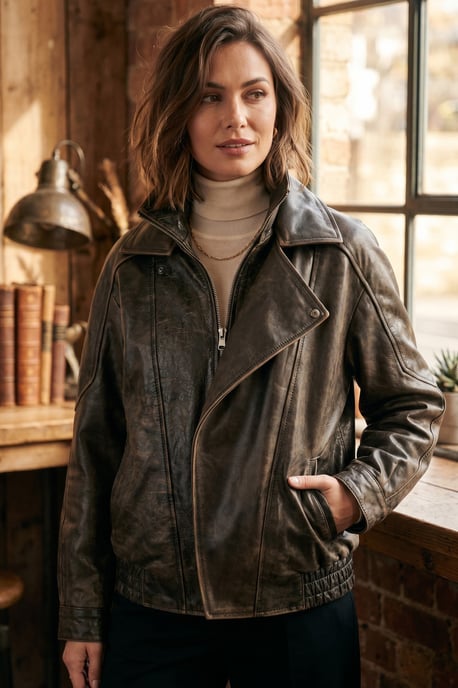 Dames bruine koeienleer Big Bomber Biker Blouson Oversized Jas - Bloom - Image 1