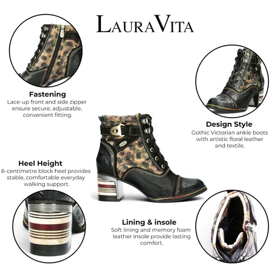 Laura Vita Victoriaanse Bloemen Zwarte Leren Veterlaarzen met Enkels - Idcorao-10 - Image 2