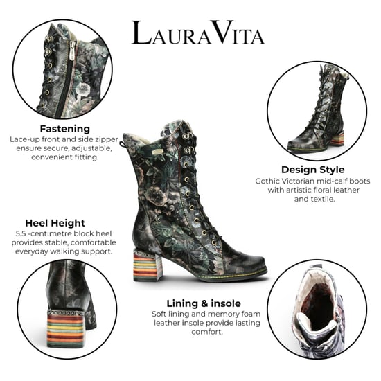 Laura Vita Goth Victoriaans Bloemen Zwart Leren Hoge Veterlaarzen - Ibcano-15 - Image 2