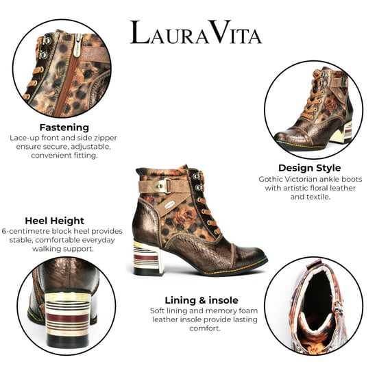 Laura Vita Victoriaanse Bronzen Bloemen Leren Veteraarsen Enkellaarzen - Idcorao-10 - Image 2