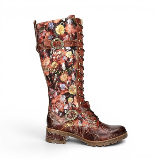 Laura Vita Victoriaanse Floral Maroon Leather High Strike-Up lange laarzen - Cocrailo-82 - Image 1