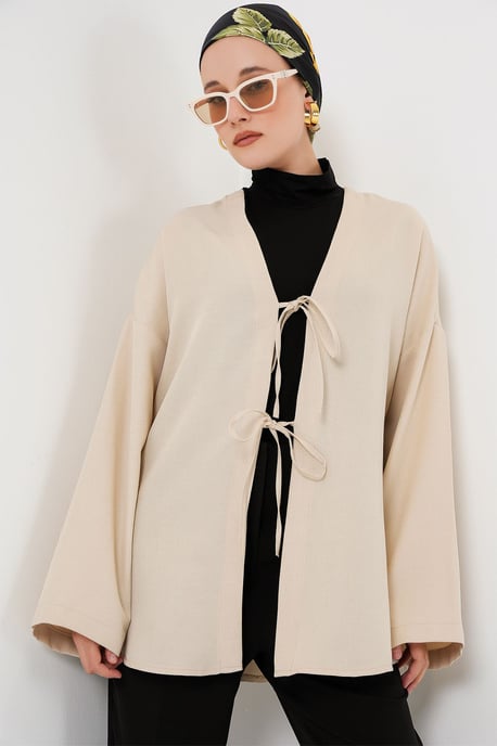 Linnenmix Lange Mouw Kimono met Binding Detail - Image 1