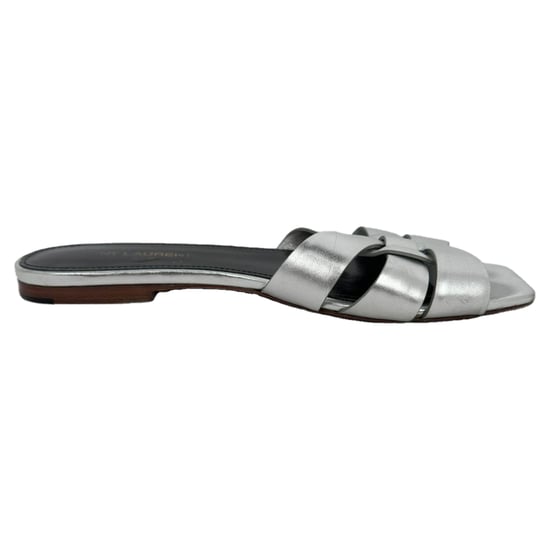 Saint Laurent Tribute Geweven Metallic Slides in Zilver Leder - Image 1