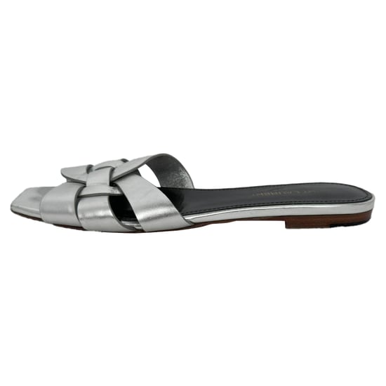 Saint Laurent Tribute Geweven Metallic Slides in Zilver Leder - Image 2