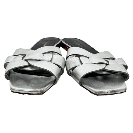 Saint Laurent Tribute Geweven Metallic Slides in Zilver Leder - Image 3