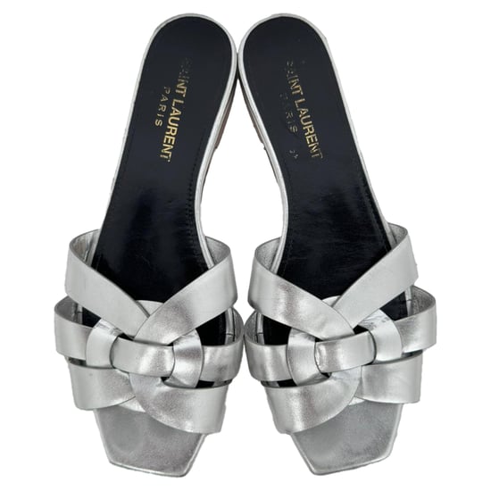 Saint Laurent Tribute Geweven Metallic Slides in Zilver Leder - Image 5
