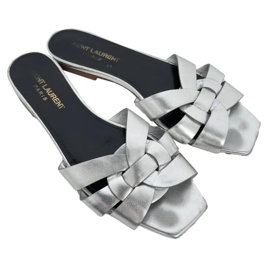 Saint Laurent Tribute Geweven Metallic Slides in Zilver Leder - Image 6