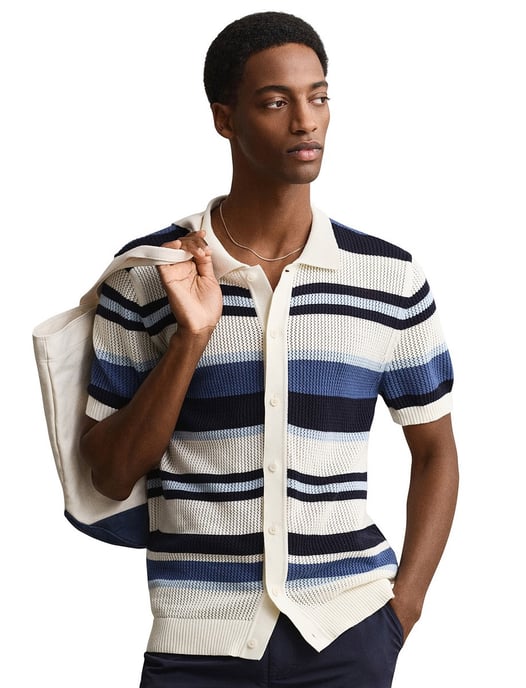 Polo korte mouw Gant gestreept creme donkerblauw - Image 1