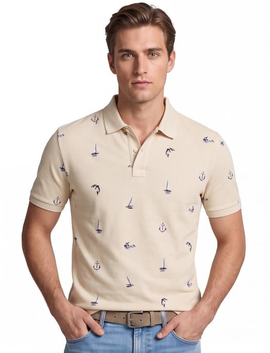Poloshirt korte mouw beige geprint bootjes normale fit 2 knoopjes - Image 1