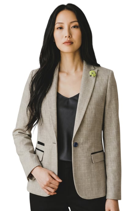 Dames crèmekleurig geruite wol mix visgraat tweed op maat gemaakte blazer - Caridi - Image 1